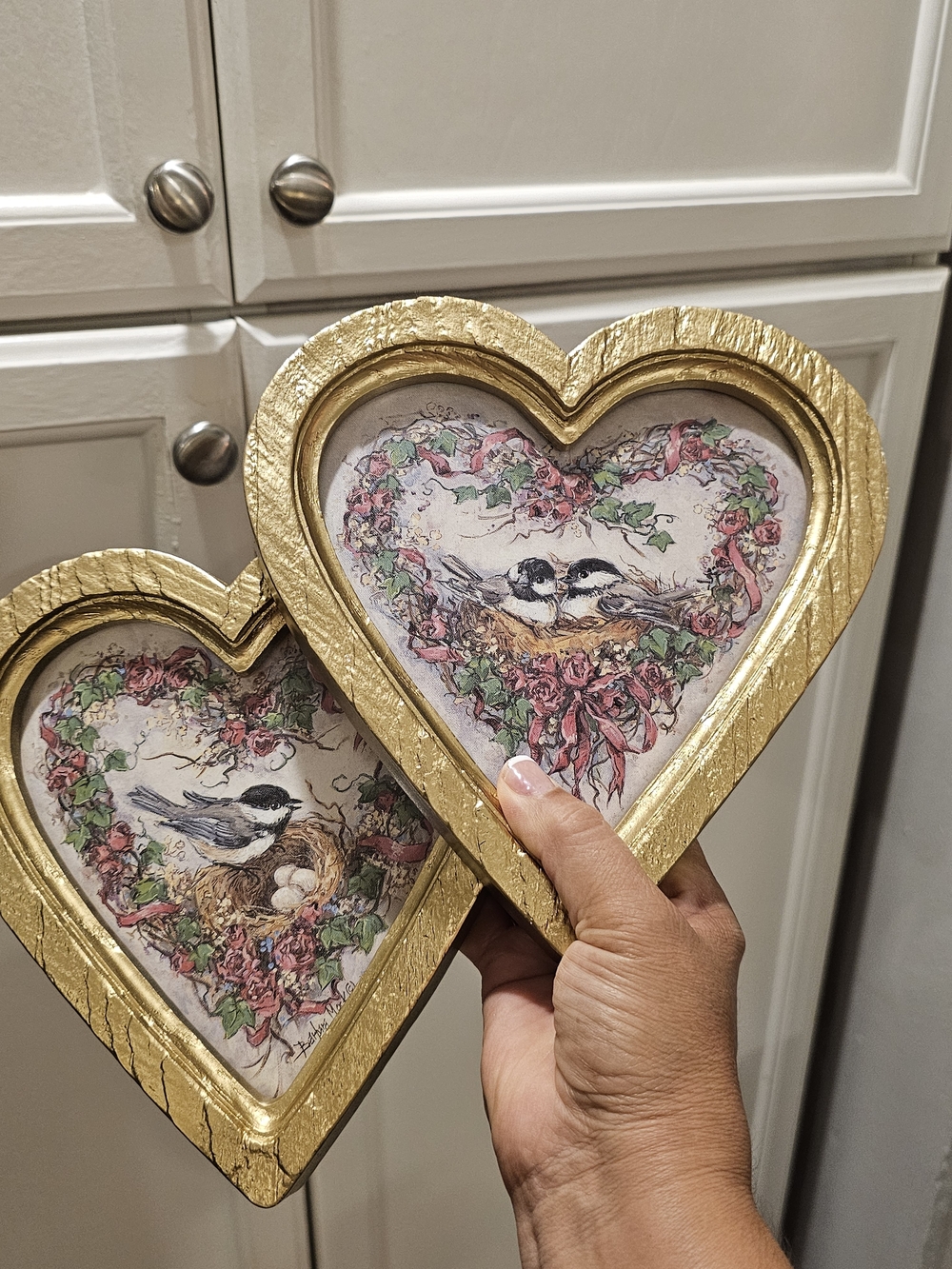 Homco Gold Heart Picture Frame Pair with Bird 🐦🐦 Prints  Lovers On A Nest 8"